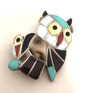 Vintage Zuni Sterling Silver Owl Brooch/Pendant Combo Signed Esalio